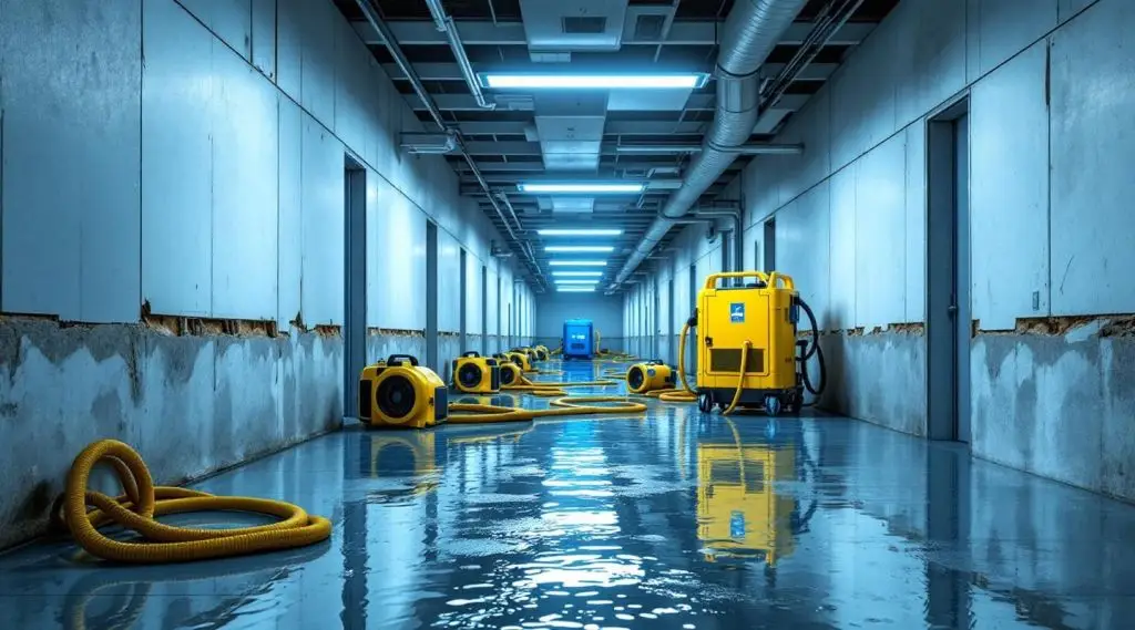 Restoration technicians setting up industrial air movers and desiccant dehumidifiers in a flooded Fargo commercial building.