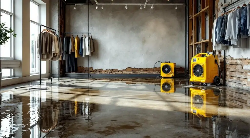 Commercial water extraction technicians using industrial air movers inside a flooded Fargo retail store during emergency flood recovery.