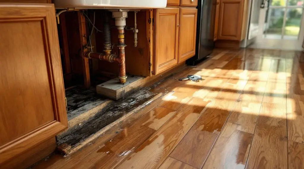 A professional water restoration technician drying water-damaged kitchen cabinets in a Fargo home.