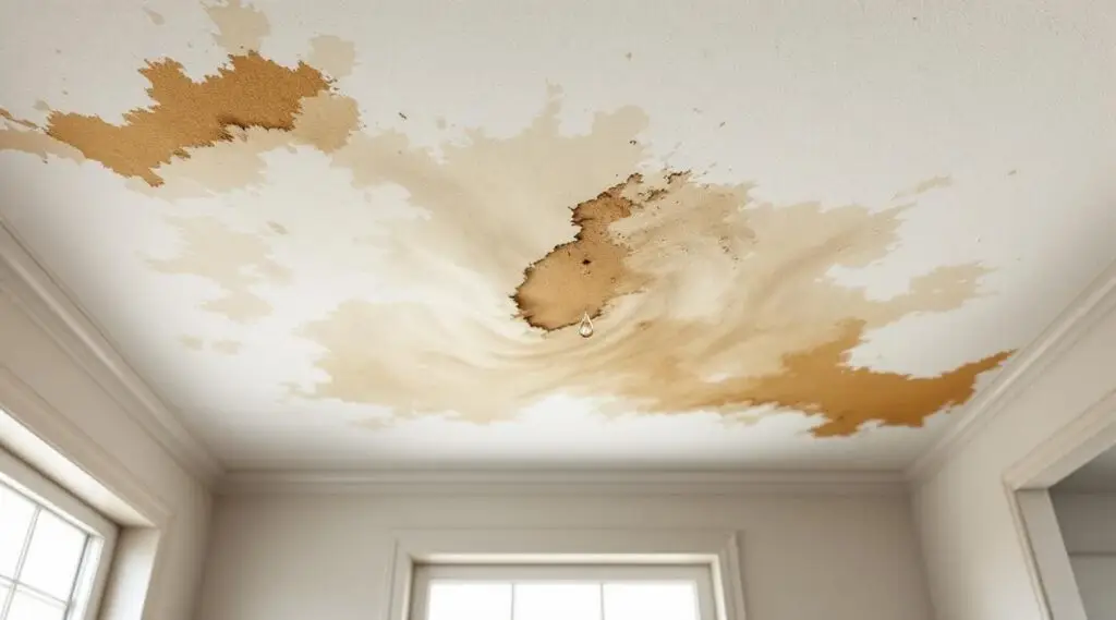 A technician inspecting a water-stained ceiling with a moisture meter in a Fargo home.
