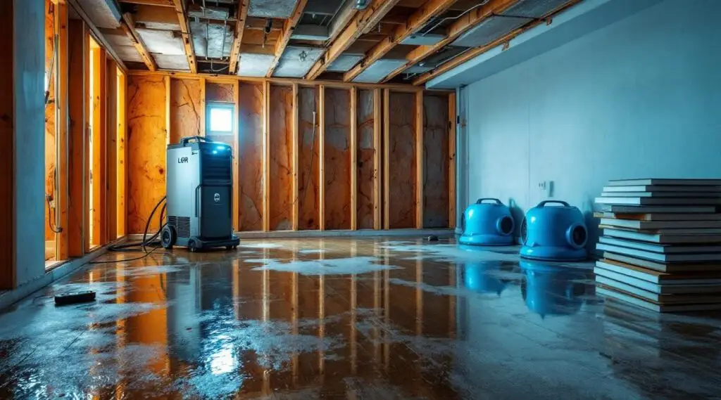 Professional water extraction crew drying a wet residential basement in Fargo using industrial air movers.