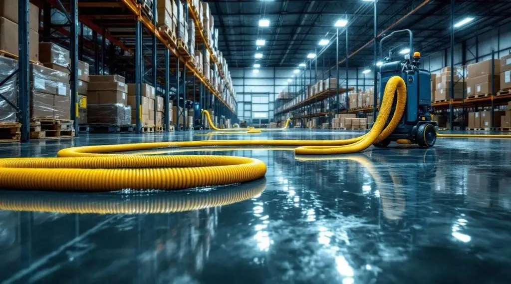 Commercial restoration crew using high-volume pumps to extract water from a flooded concrete warehouse in Fargo.