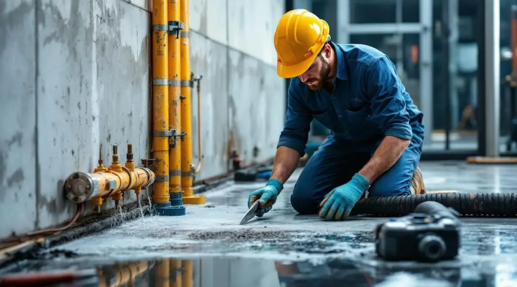 Commercial water extraction crew using professional drying equipment in a Fargo hotel lobby corridor.