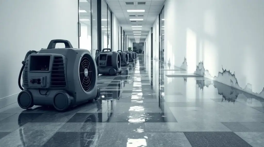 Commercial water extraction equipment running on a flooded carpeted office floor in a downtown Daly City high-rise.