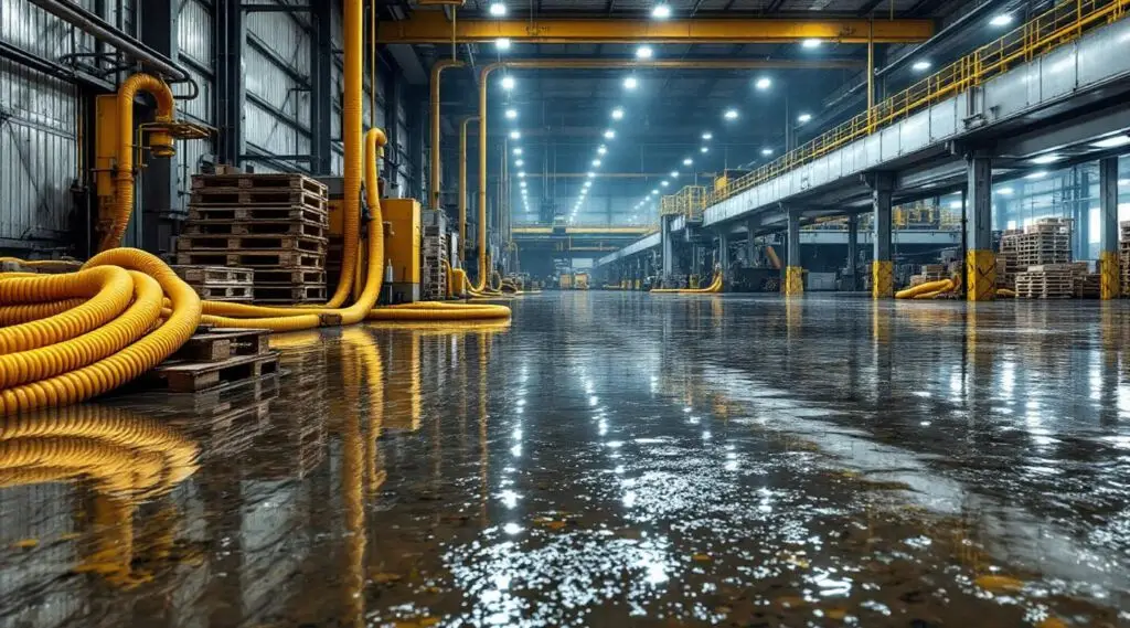 Commercial water extraction technicians using high-volume pumps in a flooded Fargo industrial warehouse facility.