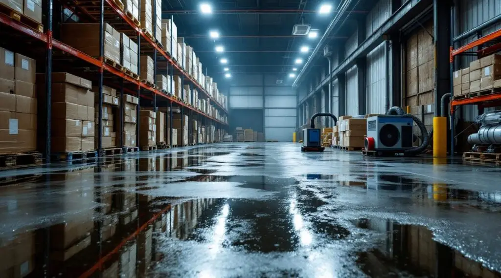 Commercial water extraction crew using industrial truck-mount pumps inside a flooded Atlantic City warehouse.