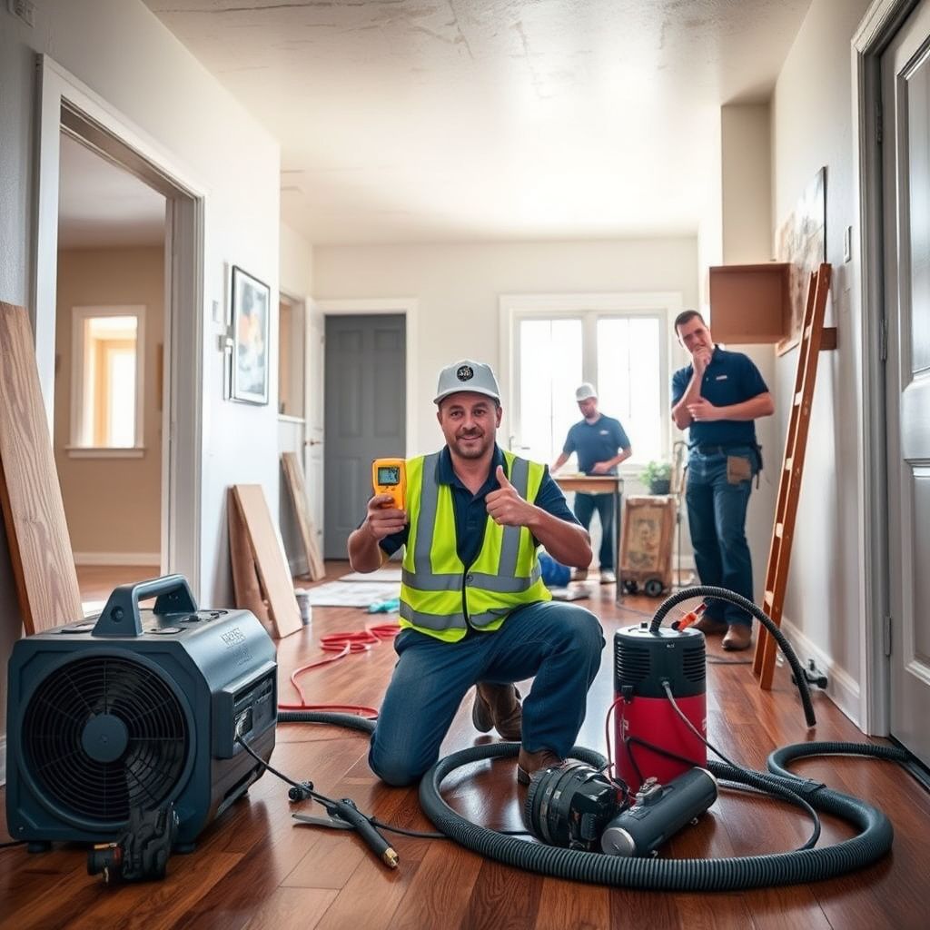 A technician using a moisture meter to check for hidden dampness behind a drywall in an Emeryville apartment.