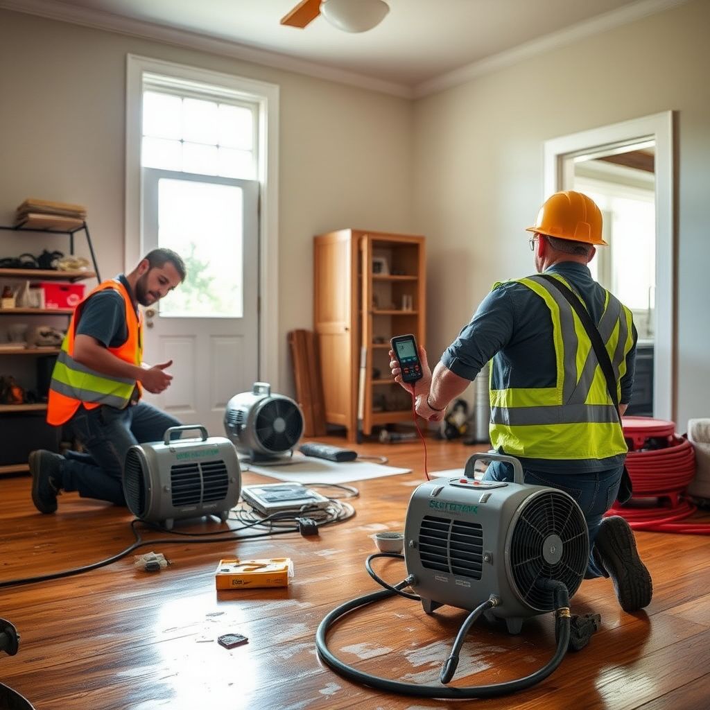 A certified water damage restoration technician using a thermal imaging camera to detect hidden moisture behind a San Rafael home's drywall.
